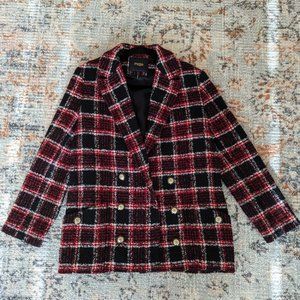 Barely worn. Maje tweed-style checked jacket, Red/Maroon, Size S